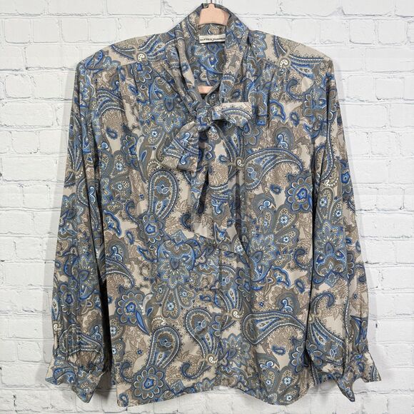 Vintage 80’s Blouse Women Size 16 Fair Isle Long Sleeve Tie Neck Retro Boho Top - Picture 2 of 12